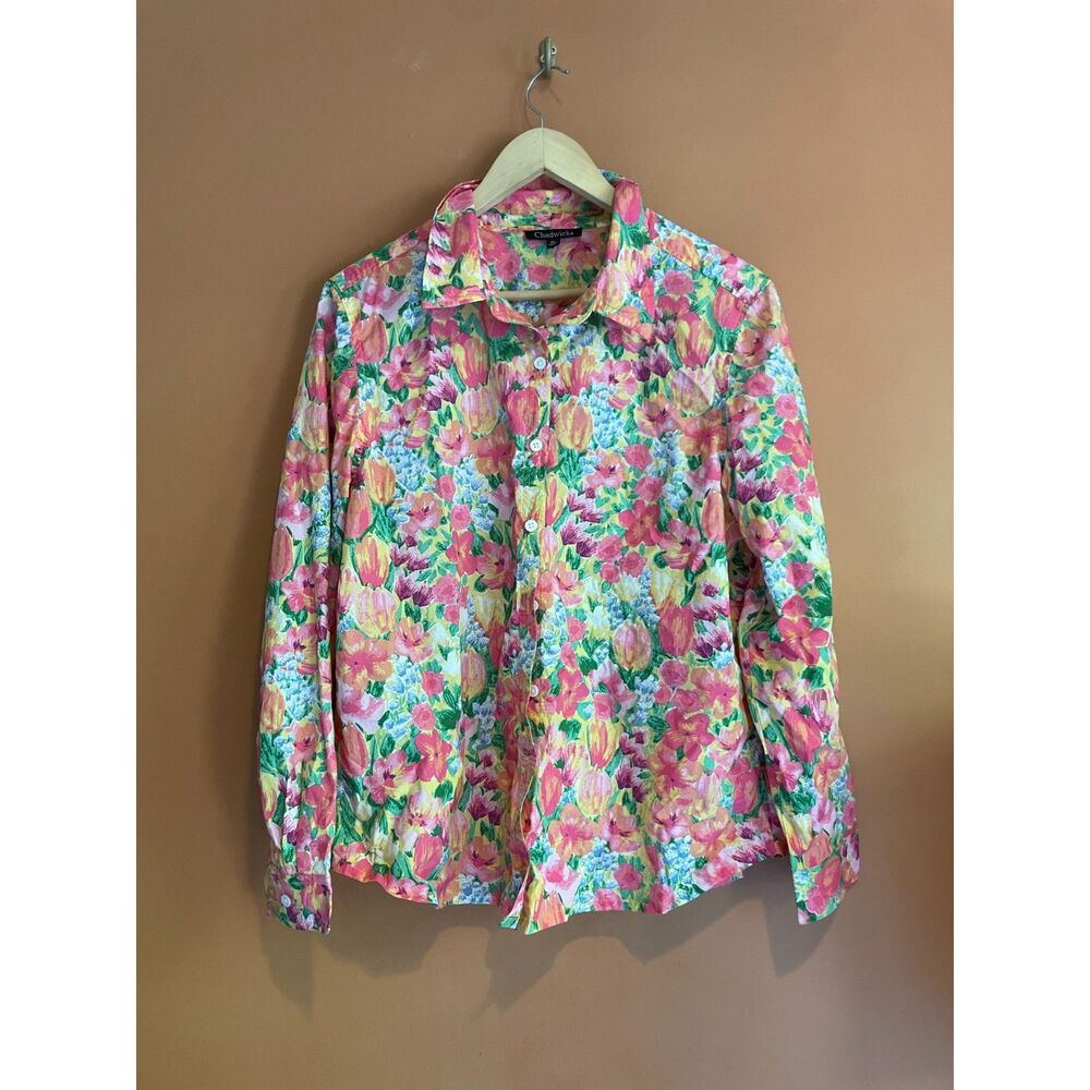 Chadwicks Petite Floral Shirt PL Pink Tulip Garden Cottagecore Blouse
